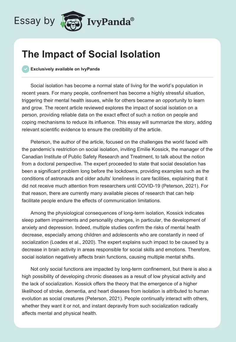 The Impact of Social Isolation. Page 1