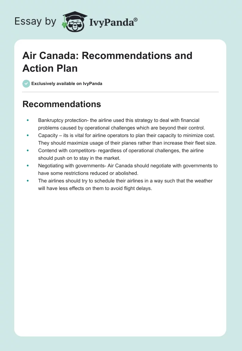 Air Canada: Recommendations and Action Plan. Page 1