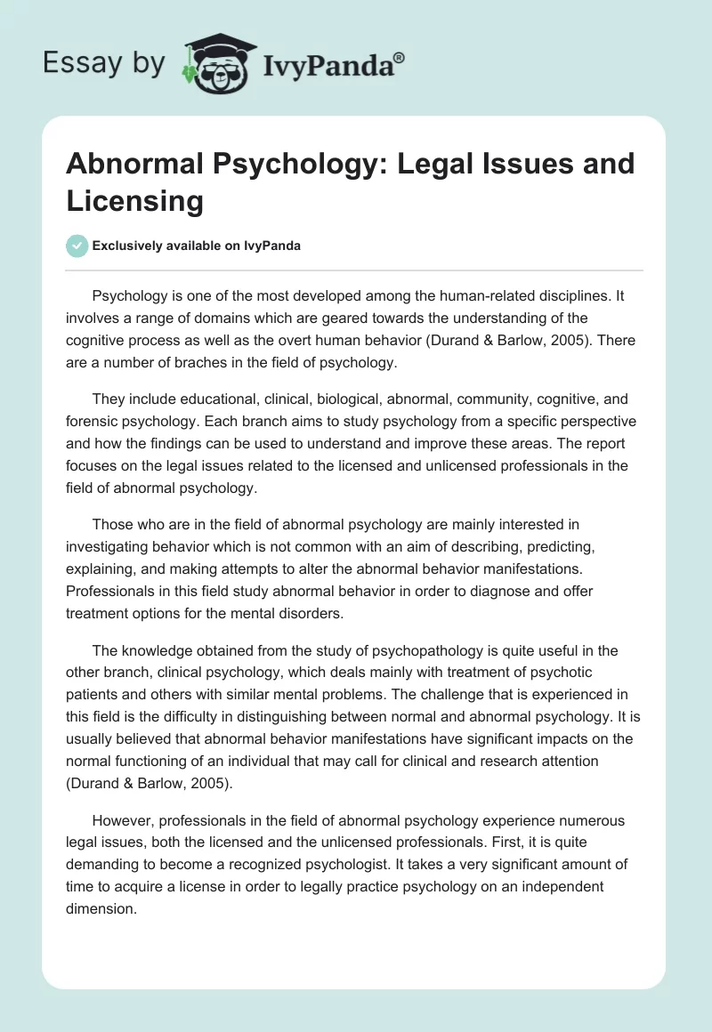Abnormal Psychology: Legal Issues and Licensing. Page 1