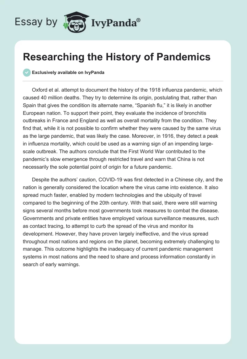 Researching the History of Pandemics. Page 1