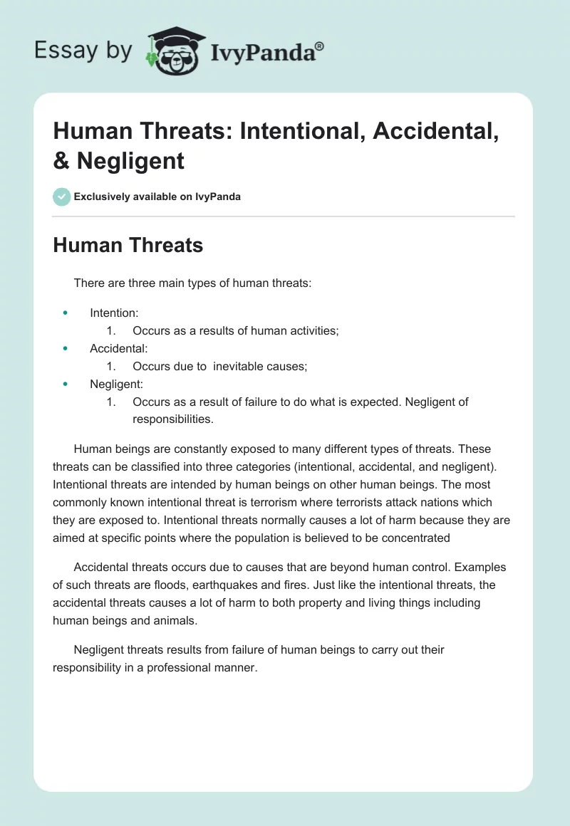 Human Threats: Intentional, Accidental, & Negligent. Page 1