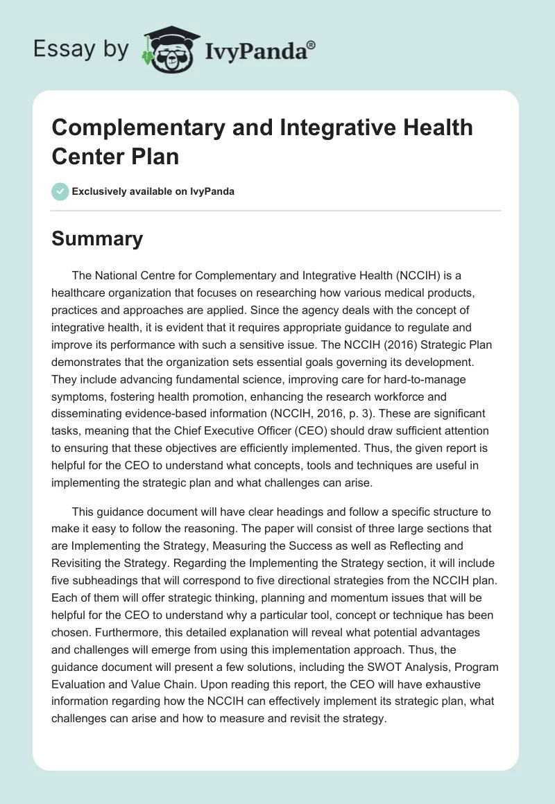 Complementary and Integrative Health Center Plan. Page 1