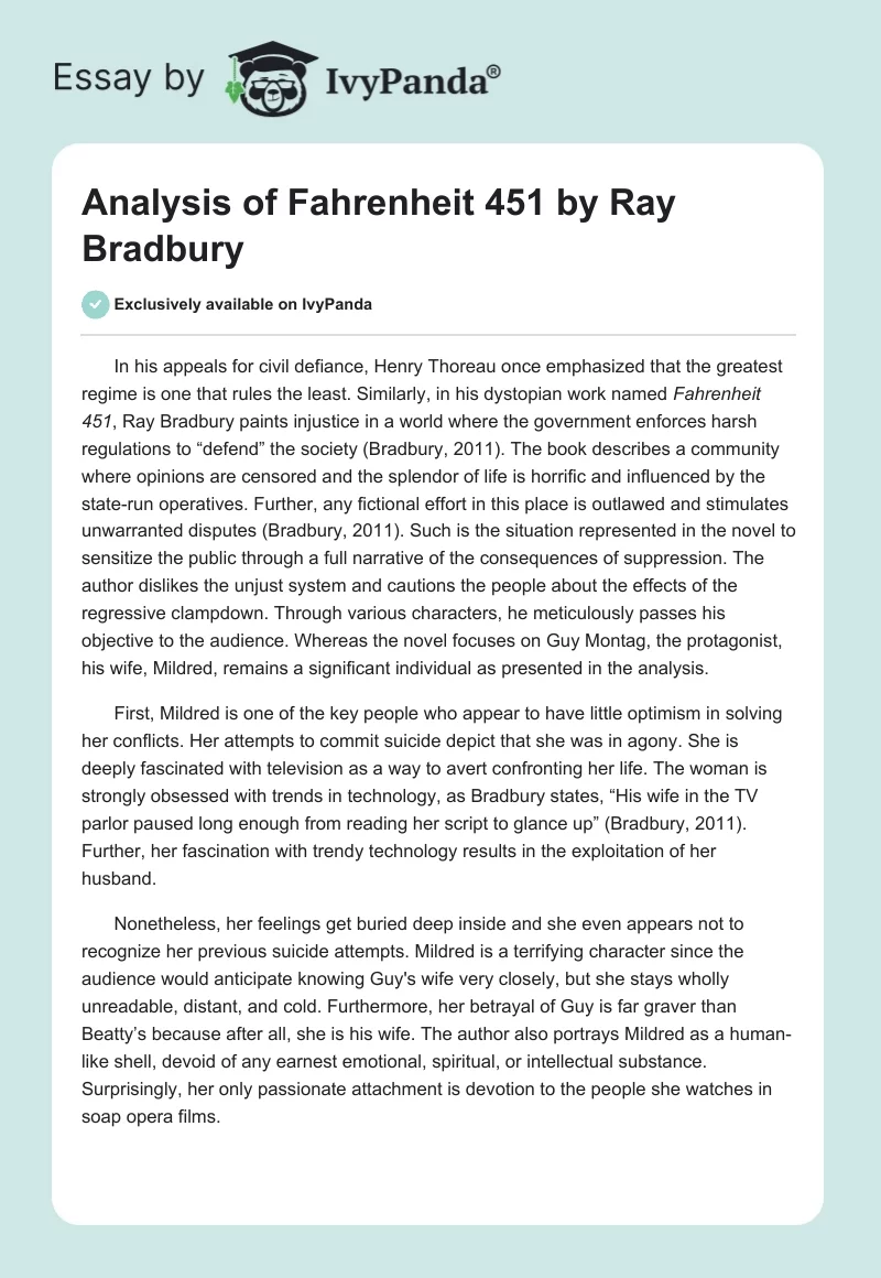 Analysis of Fahrenheit 451 by Ray Bradbury. Page 1