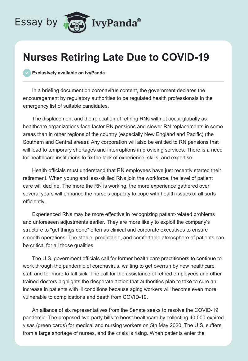 Nurses Retiring Late Due to COVID-19. Page 1