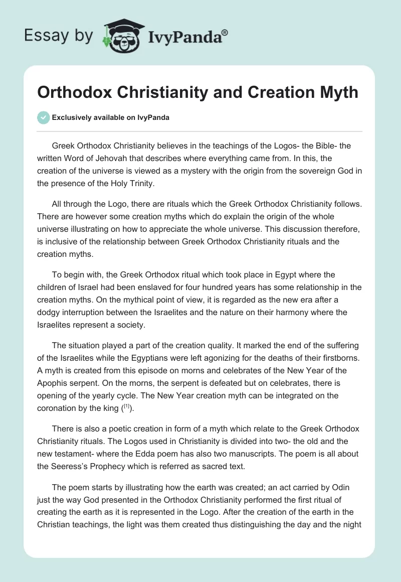 Orthodox Christianity and Creation Myth. Page 1