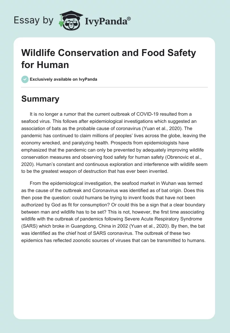 Wildlife Conservation and Food Safety for Human. Page 1