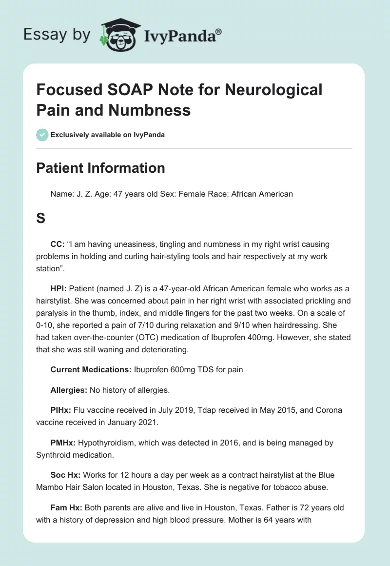Focused SOAP Note for Neurological Pain and Numbness. Page 1