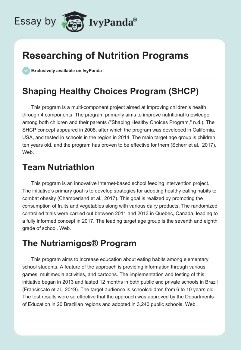 Researching of Nutrition Programs. Page 1