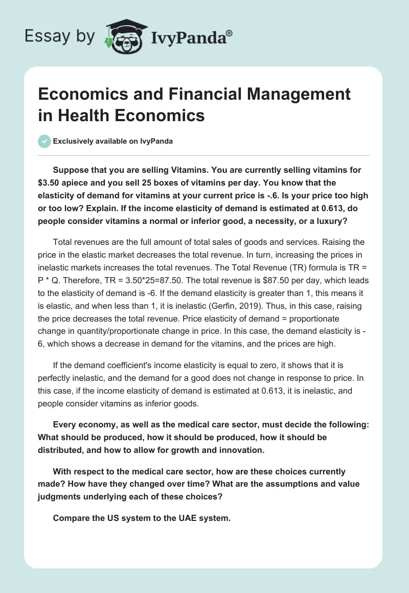 Economics and Financial Management in Health Economics. Page 1