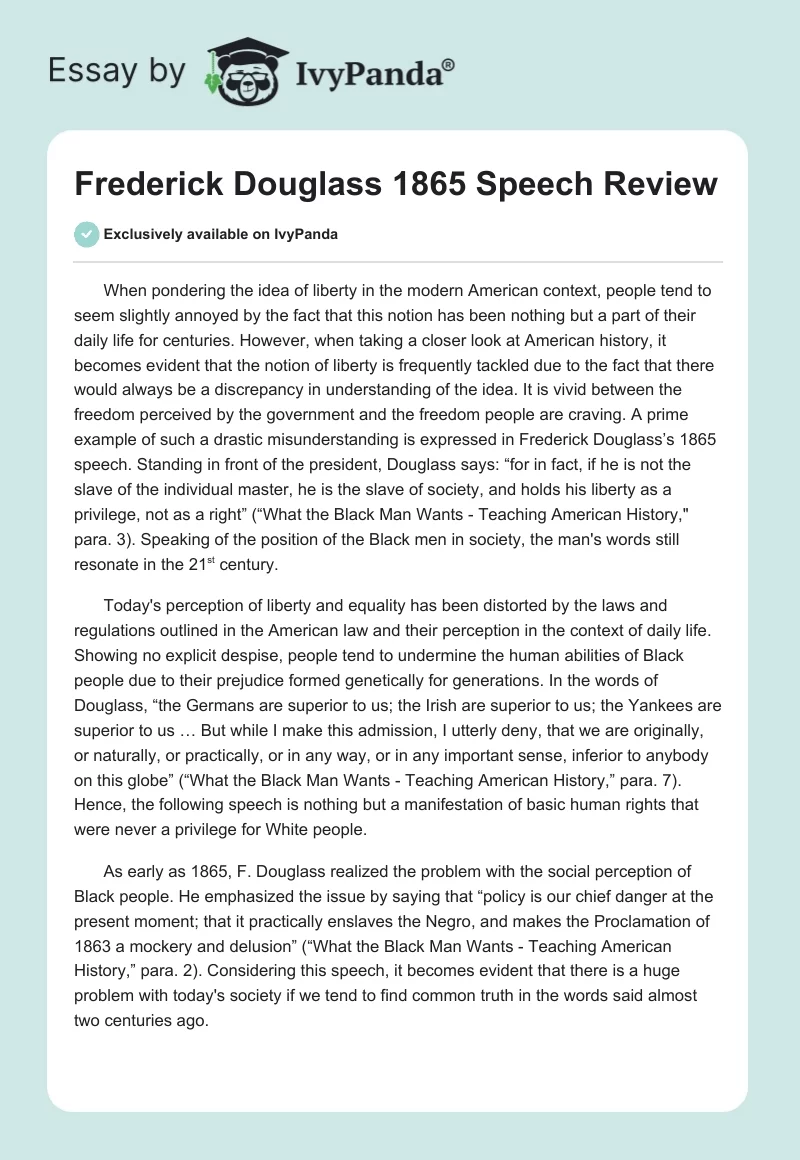 Frederick Douglass 1865 Speech Review. Page 1