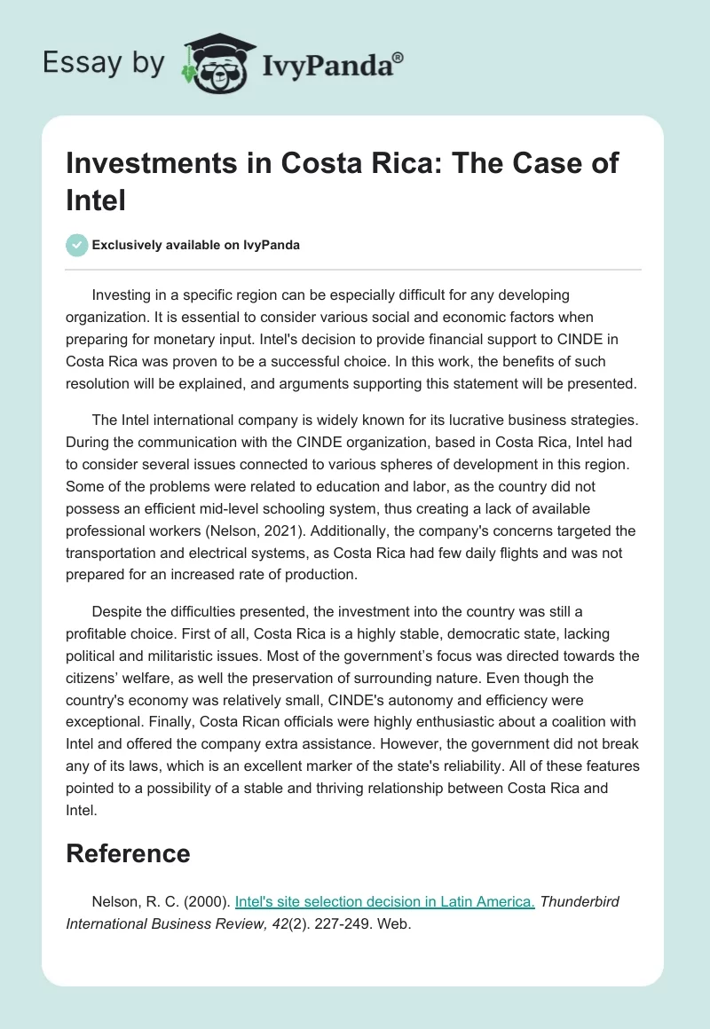 Investments in Costa Rica: The Case of Intel. Page 1