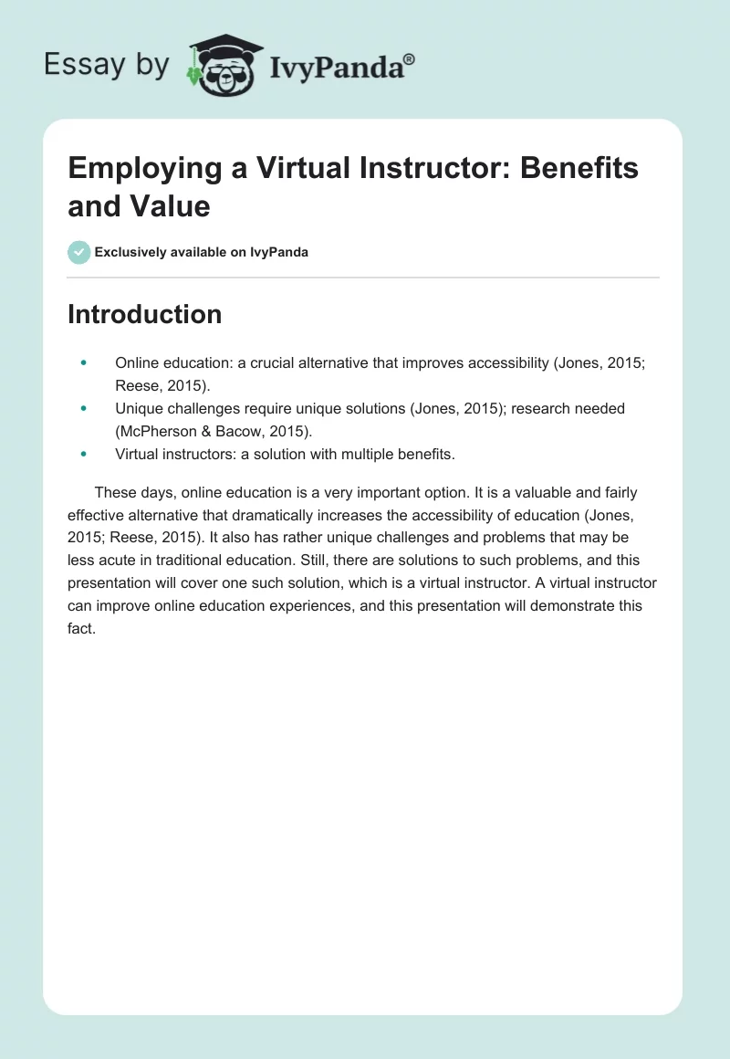Employing a Virtual Instructor: Benefits and Value. Page 1