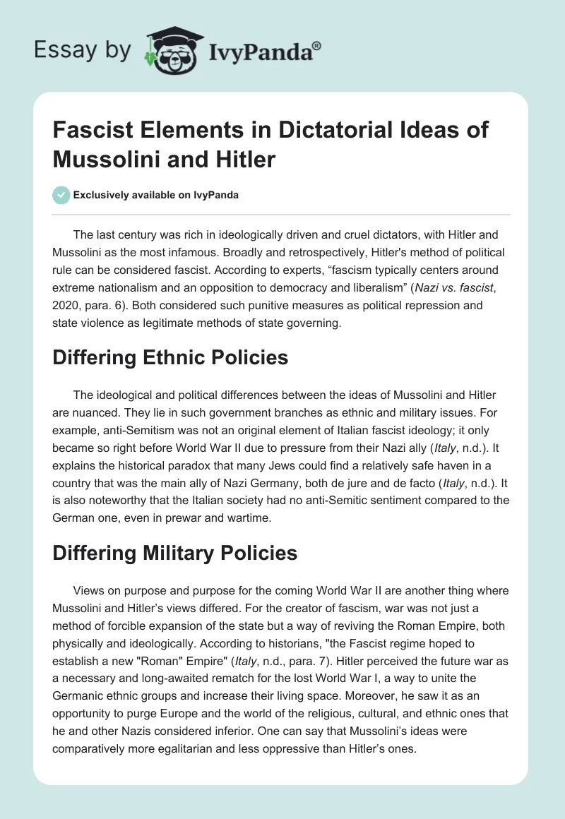 Fascist Elements in Dictatorial Ideas of Mussolini and Hitler. Page 1