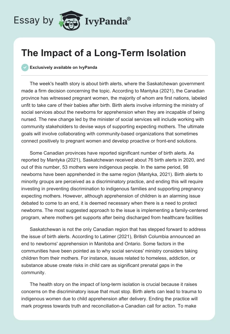 The Impact of a Long-Term Isolation. Page 1