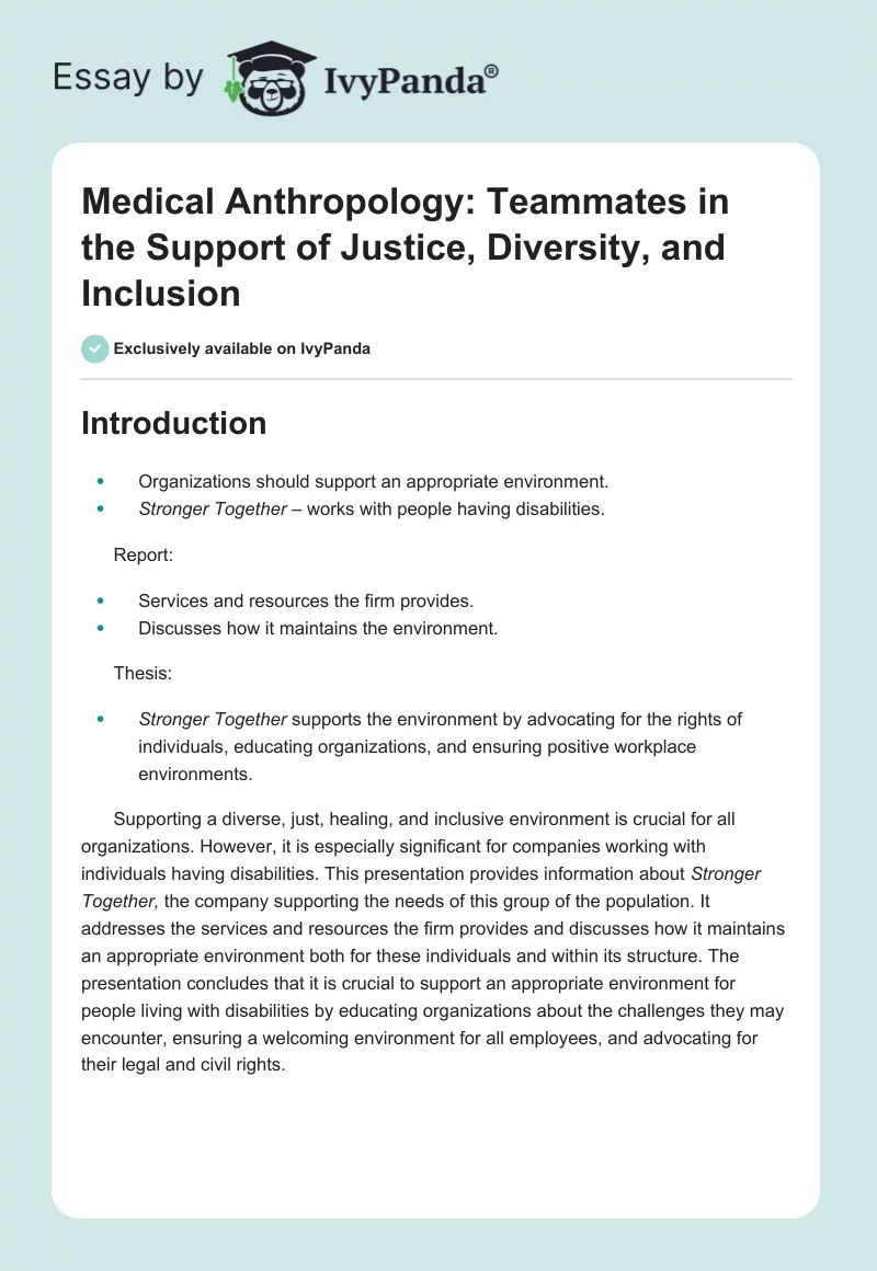 Medical Anthropology: Teammates in the Support of Justice, Diversity, and Inclusion. Page 1