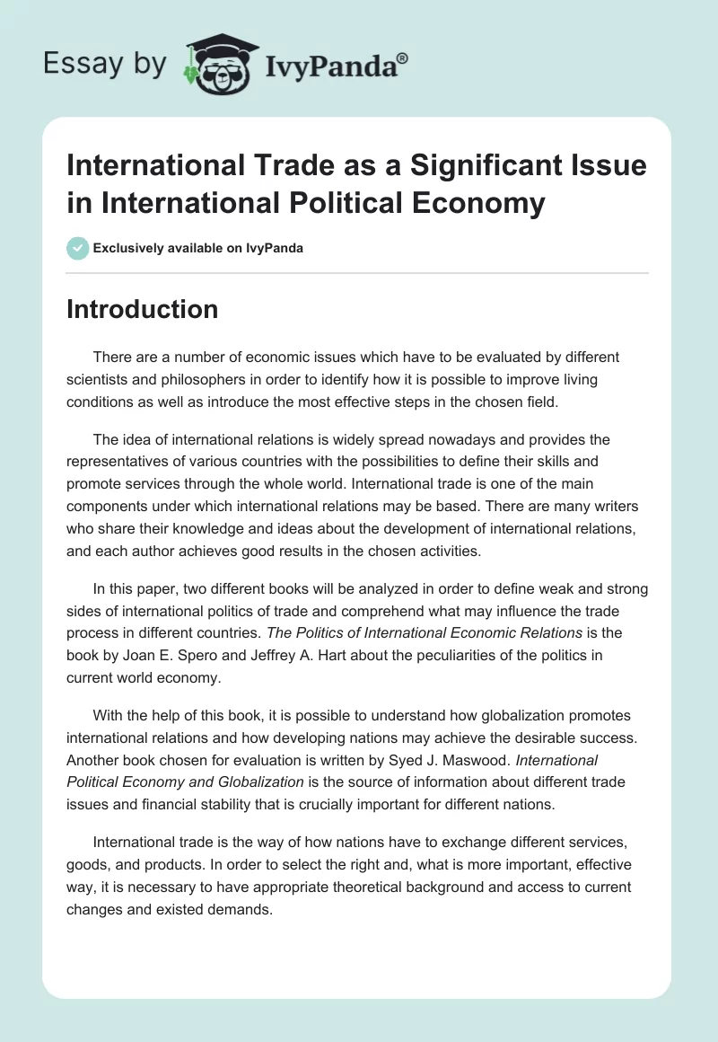International Trade as a Significant Issue in International Political Economy. Page 1