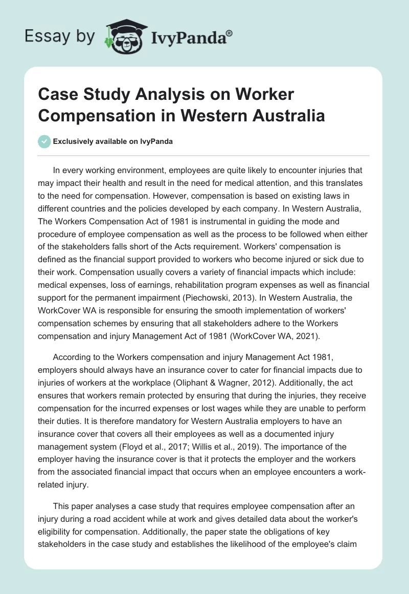 Case Study Analysis on Worker Compensation in Western Australia. Page 1