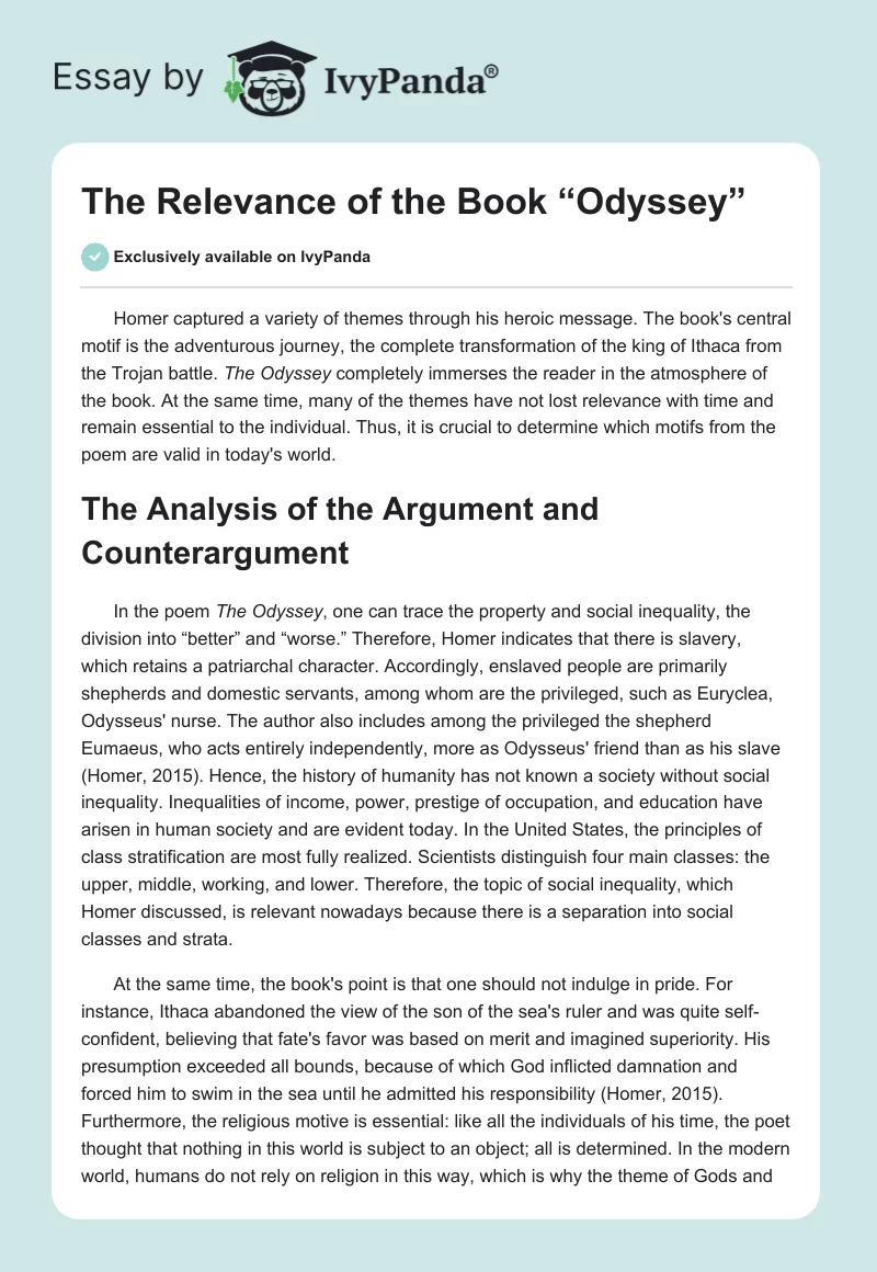 The Relevance of the Book “The Odyssey”. Page 1