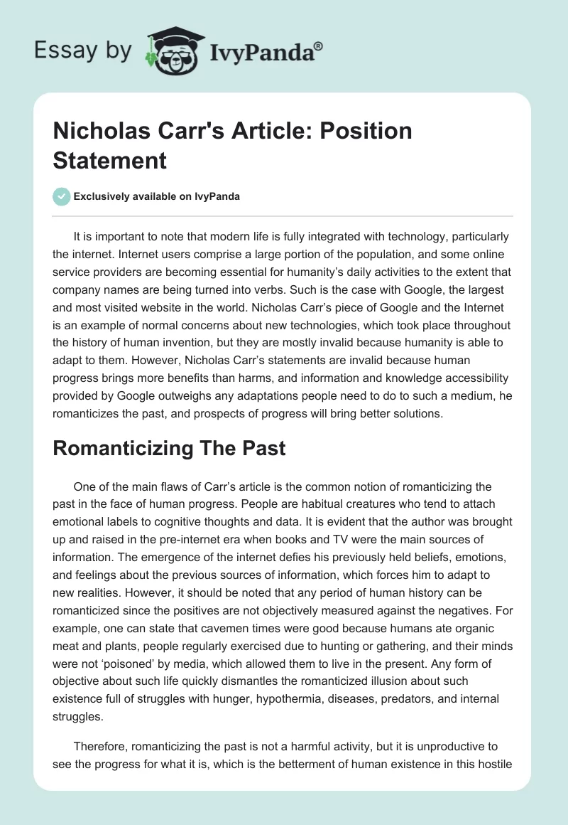 Nicholas Carr's Article: Position Statement. Page 1
