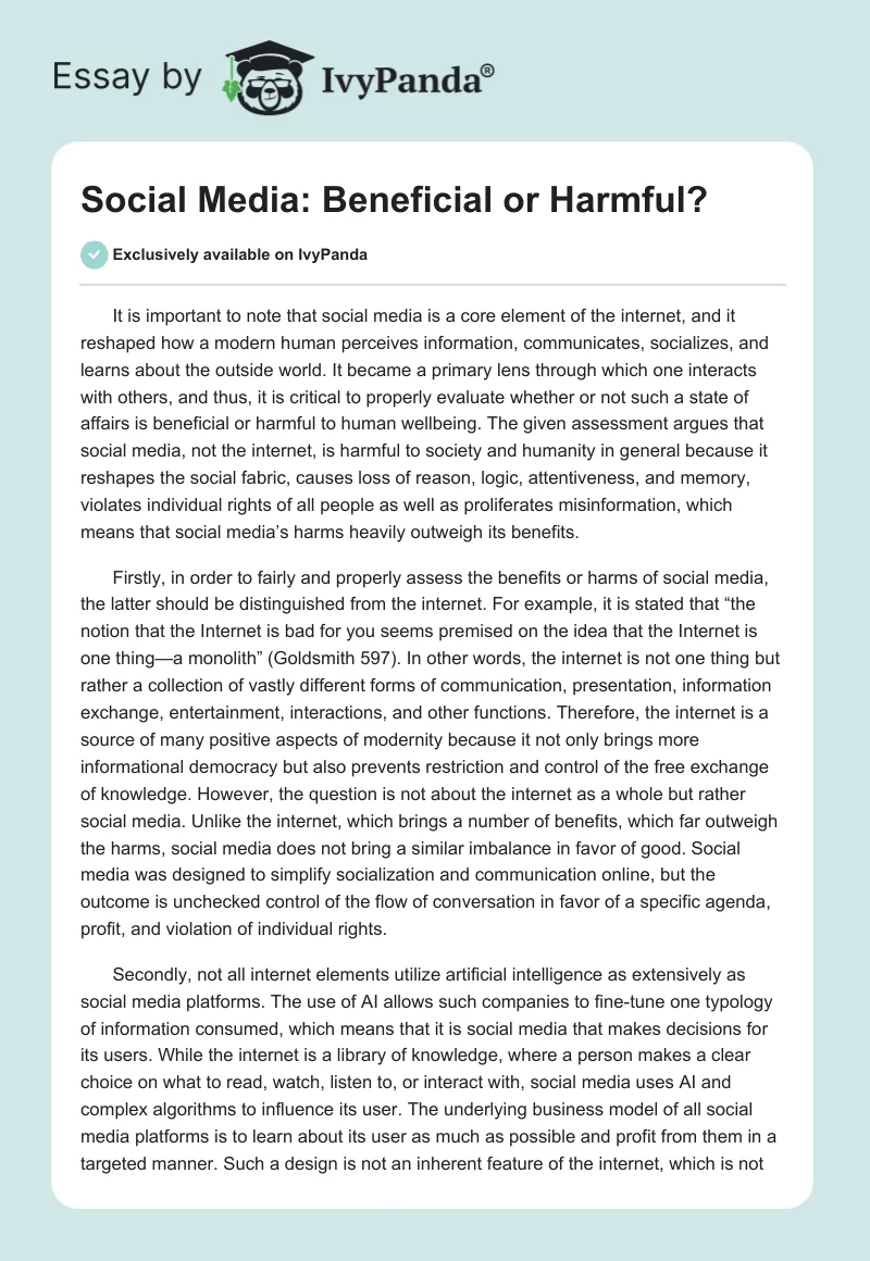 Social Media: Beneficial or Harmful?. Page 1
