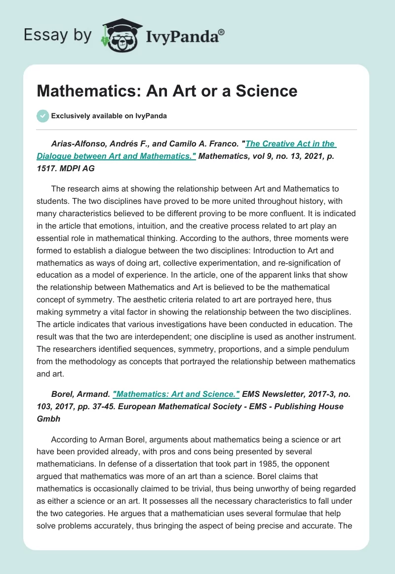 Mathematics: An Art or a Science. Page 1