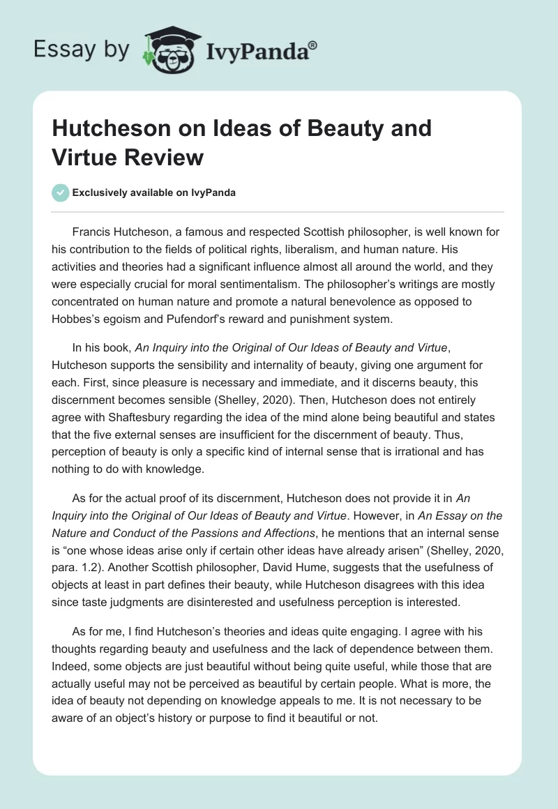 Hutcheson on Ideas of Beauty and Virtue Review. Page 1