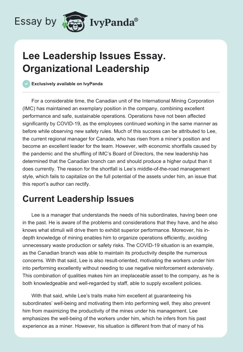 Lee Leadership Issues Essay. Organizational Leadership. Page 1