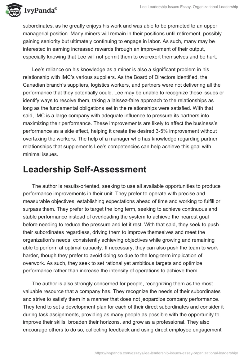 Lee Leadership Issues Essay. Organizational Leadership. Page 2