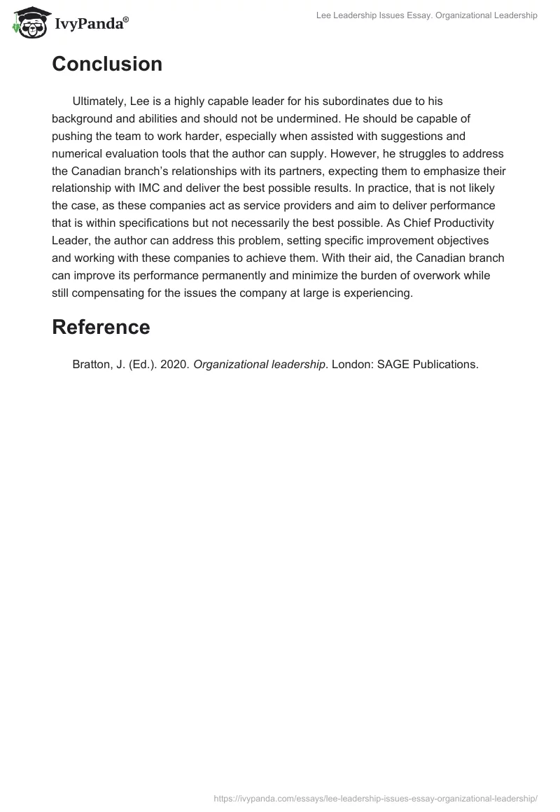 Lee Leadership Issues Essay. Organizational Leadership. Page 5