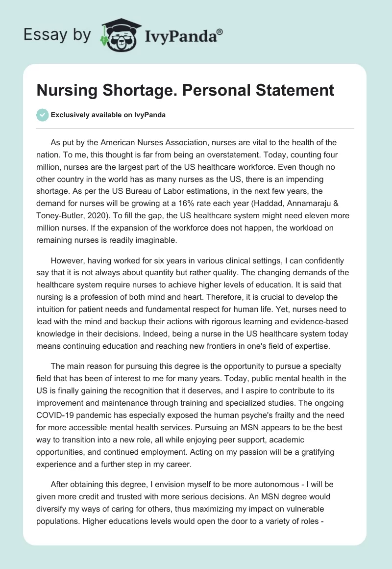 Nursing Shortage. Personal Statement. Page 1