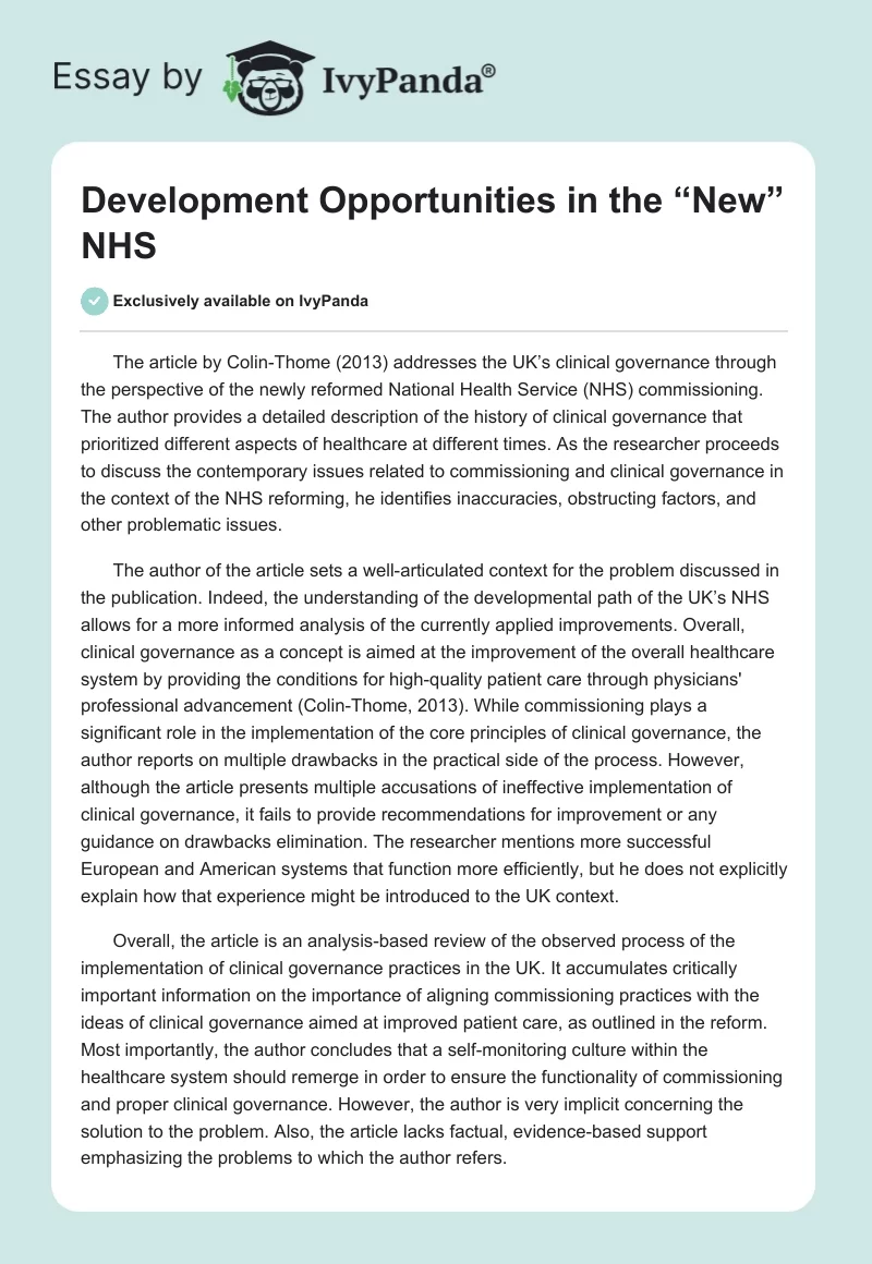 Development Opportunities in the “New” NHS. Page 1