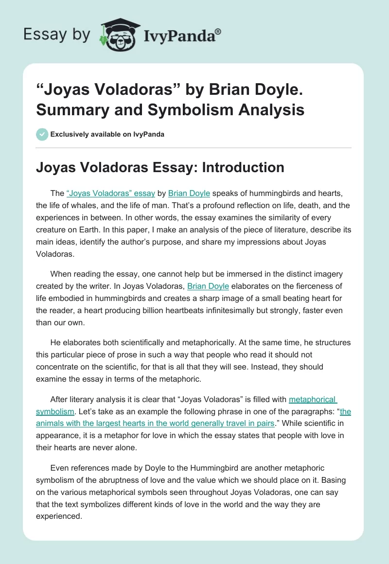 “Joyas Voladoras” by Brian Doyle. Summary and Symbolism Analysis. Page 1
