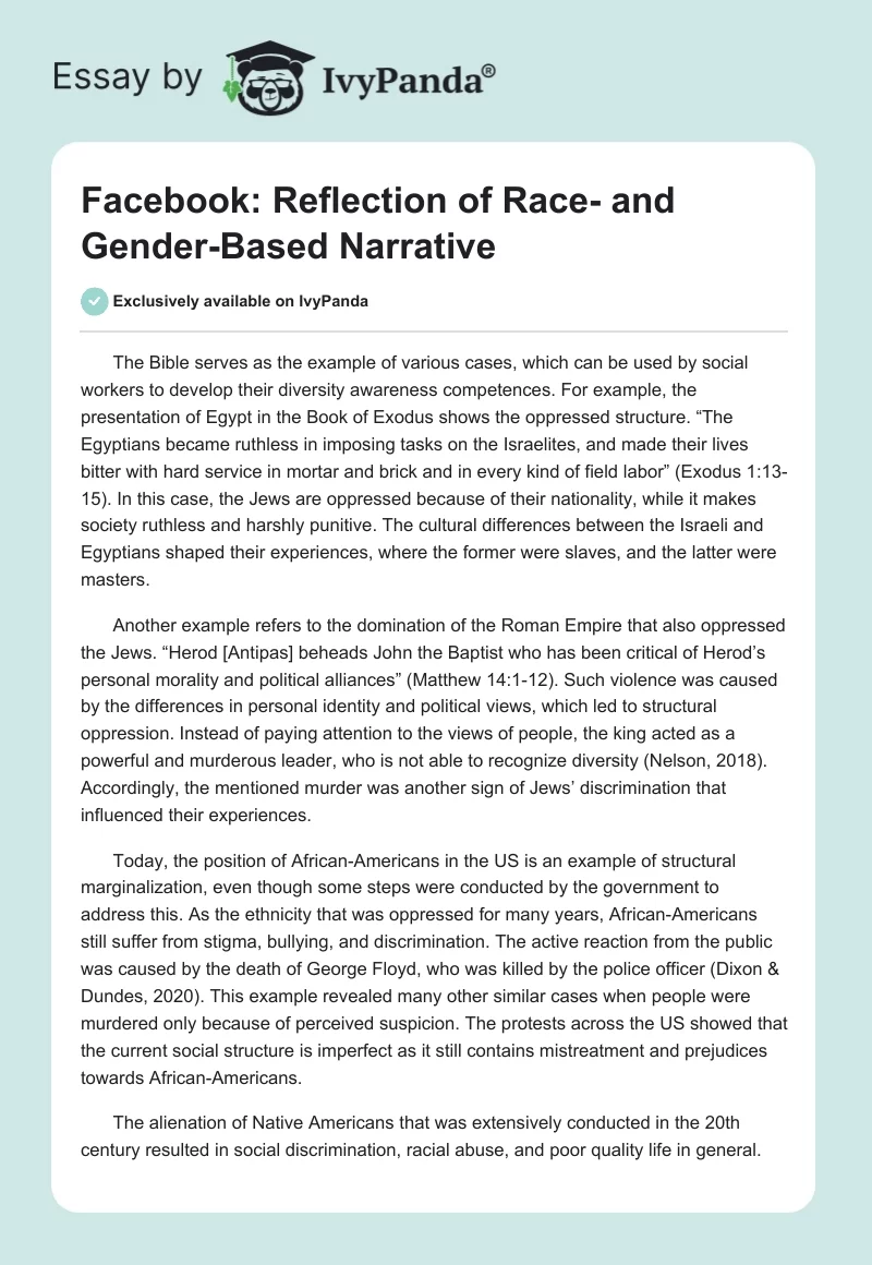 Facebook: Reflection of Race- and Gender-Based Narrative. Page 1