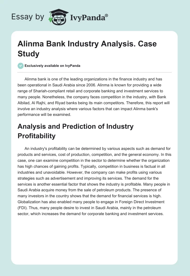 Alinma Bank Industry Analysis. Case Study. Page 1