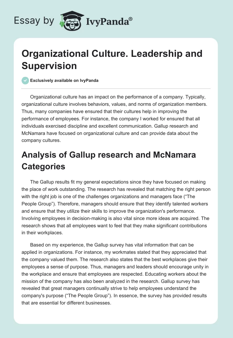 Organizational Culture. Leadership and Supervision. Page 1