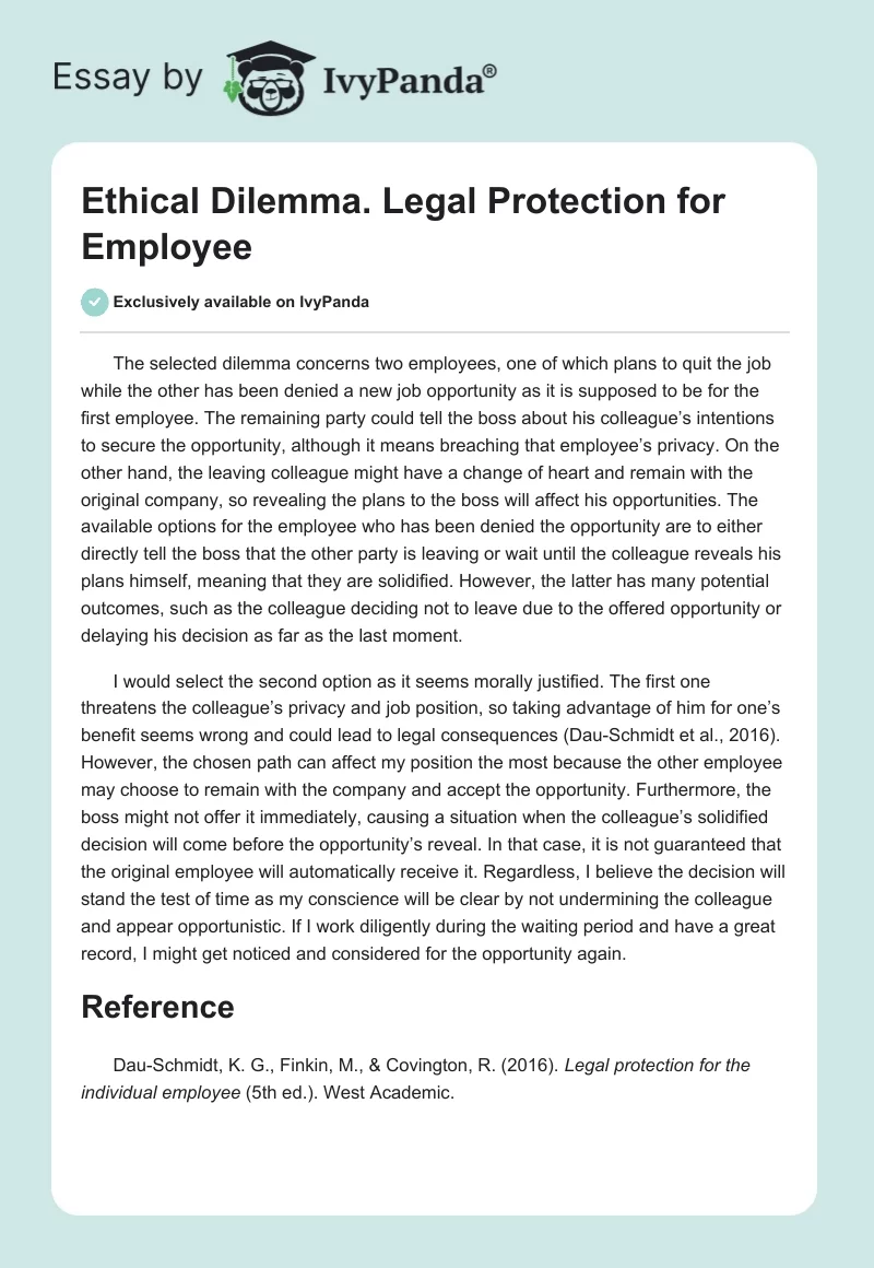Ethical Dilemma. Legal Protection for Employee. Page 1