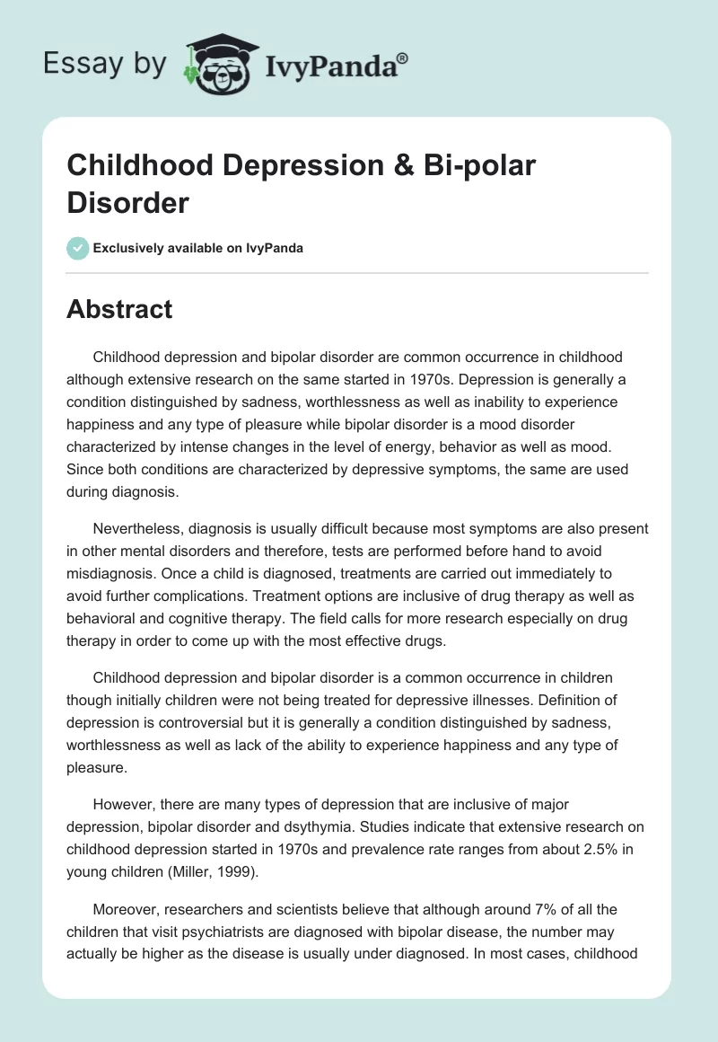Childhood Depression & Bi-Polar Disorder. Page 1