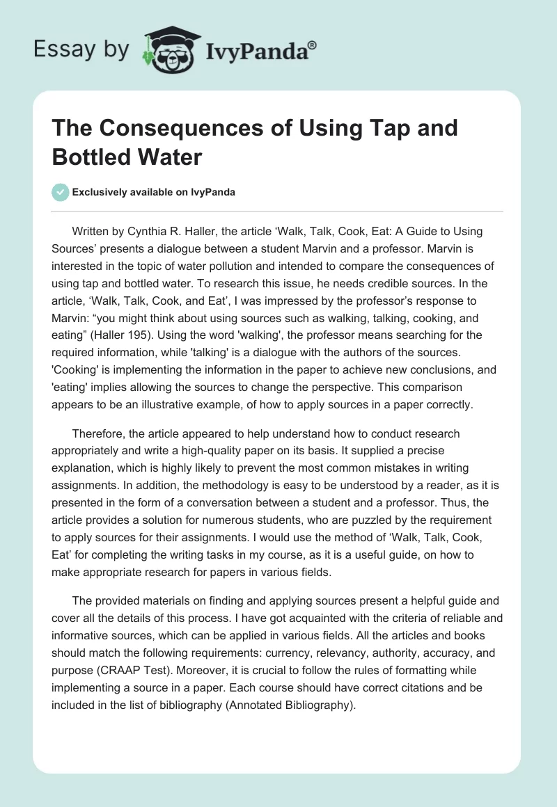 The Consequences of Using Tap and Bottled Water. Page 1