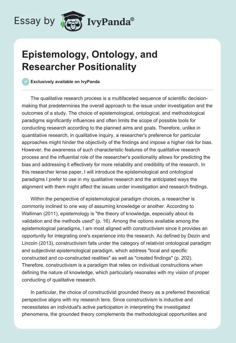 Epistemology, Ontology, and Researcher Positionality. Page 1
