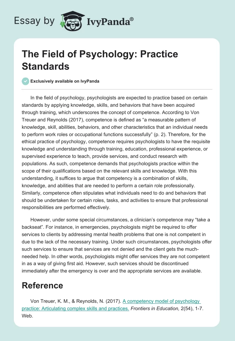 The Field of Psychology: Practice Standards. Page 1