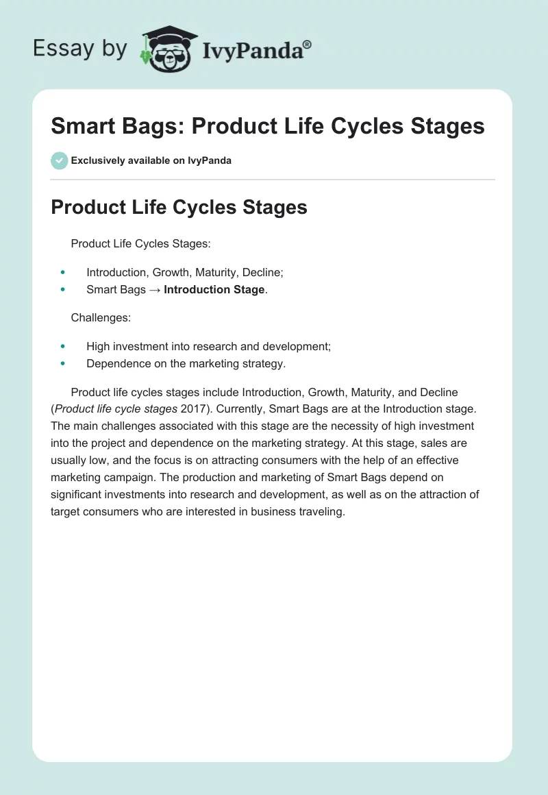 Smart Bags: Product Life Cycles Stages. Page 1