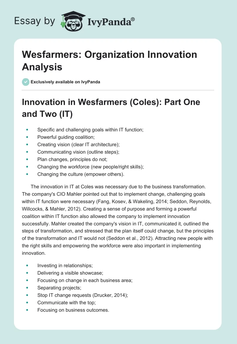 Wesfarmers: Organization Innovation Analysis. Page 1