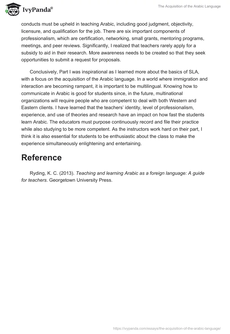 The Acquisition Of The Arabic Language Words Essay Example