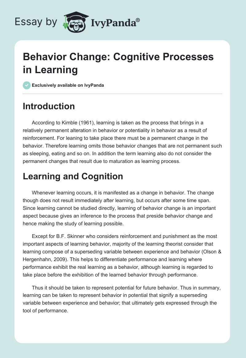 Behavior Change: Cognitive Processes in Learning. Page 1
