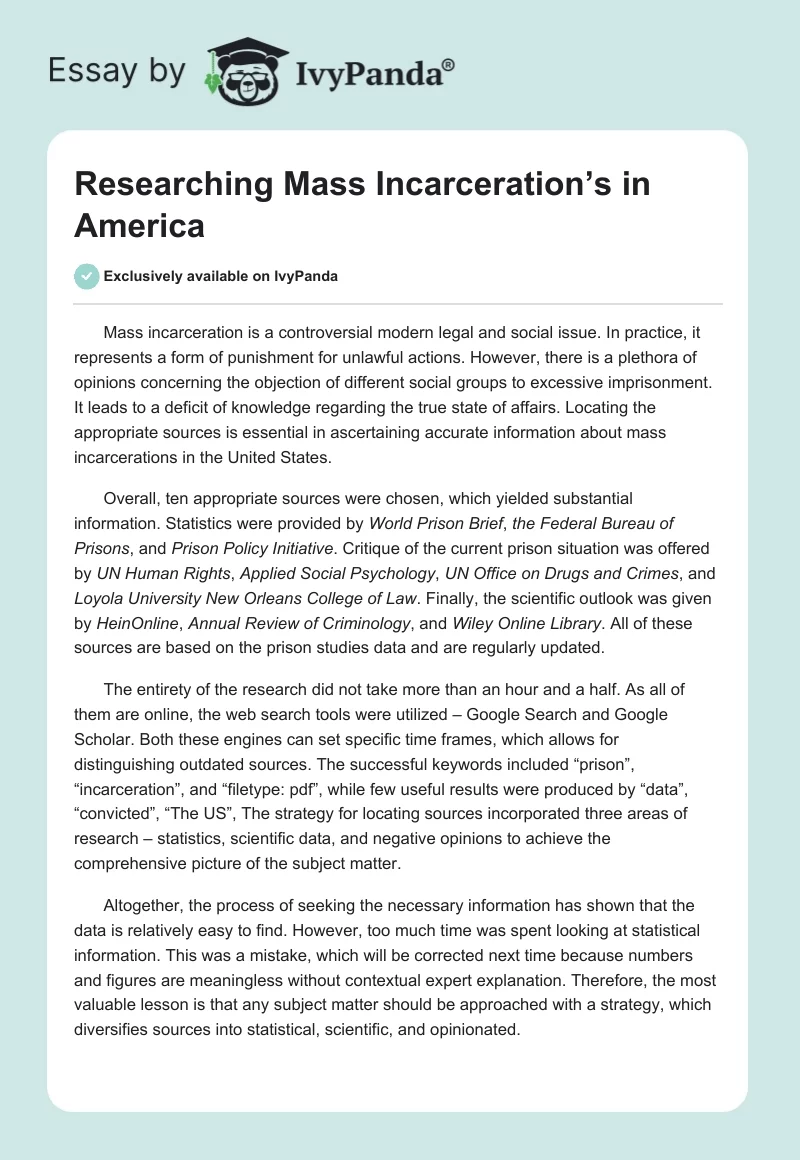Researching Mass Incarceration’s in America. Page 1