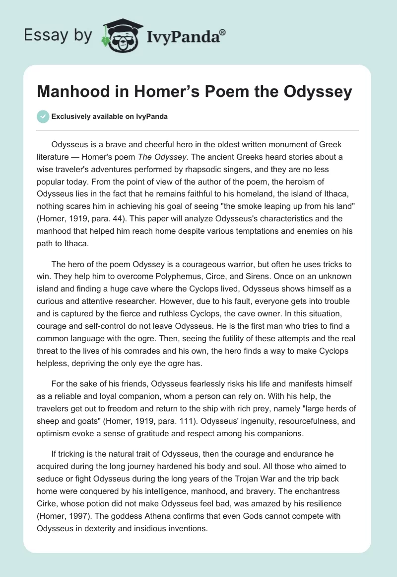 Manhood in Homer’s Poem The Odyssey. Page 1