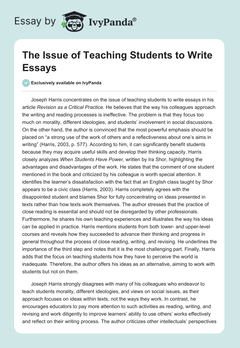 The Issue of Teaching Students to Write Essays. Page 1