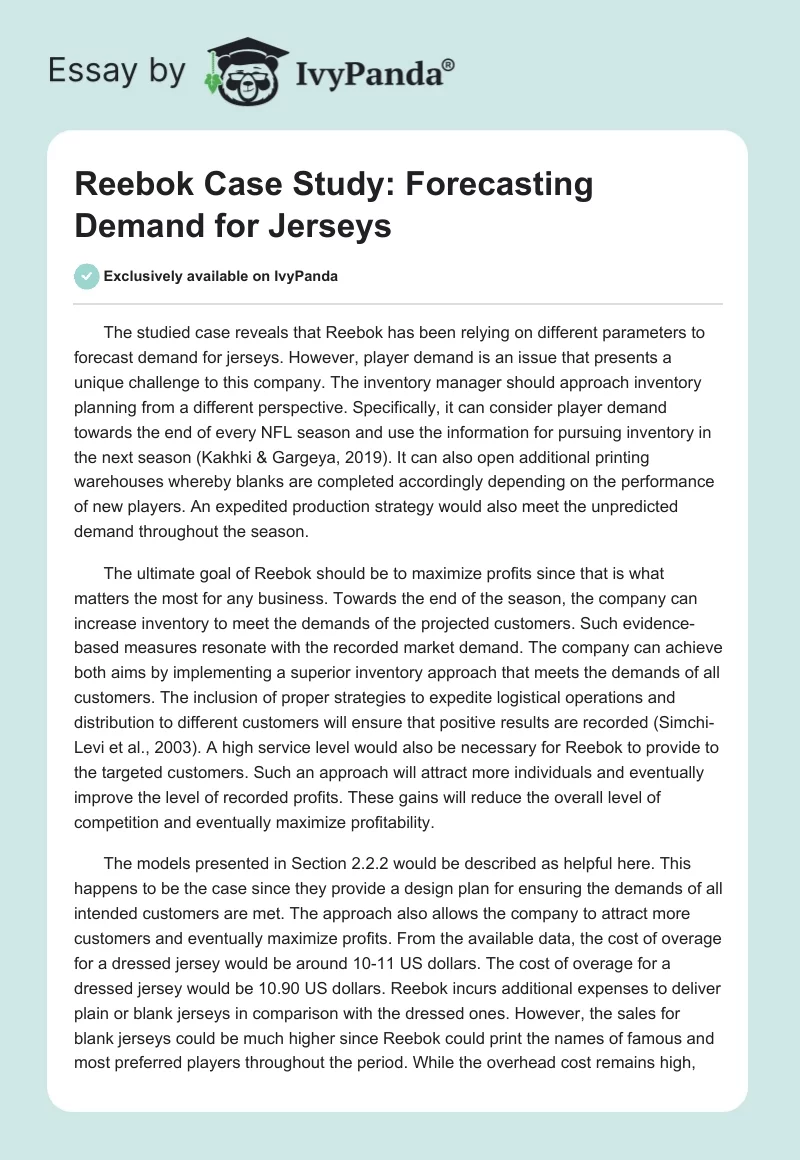 kiwi Thicken tildeling Reebok Case Study: Forecasting Demand for Jerseys - 588 Words | Case Study  Example