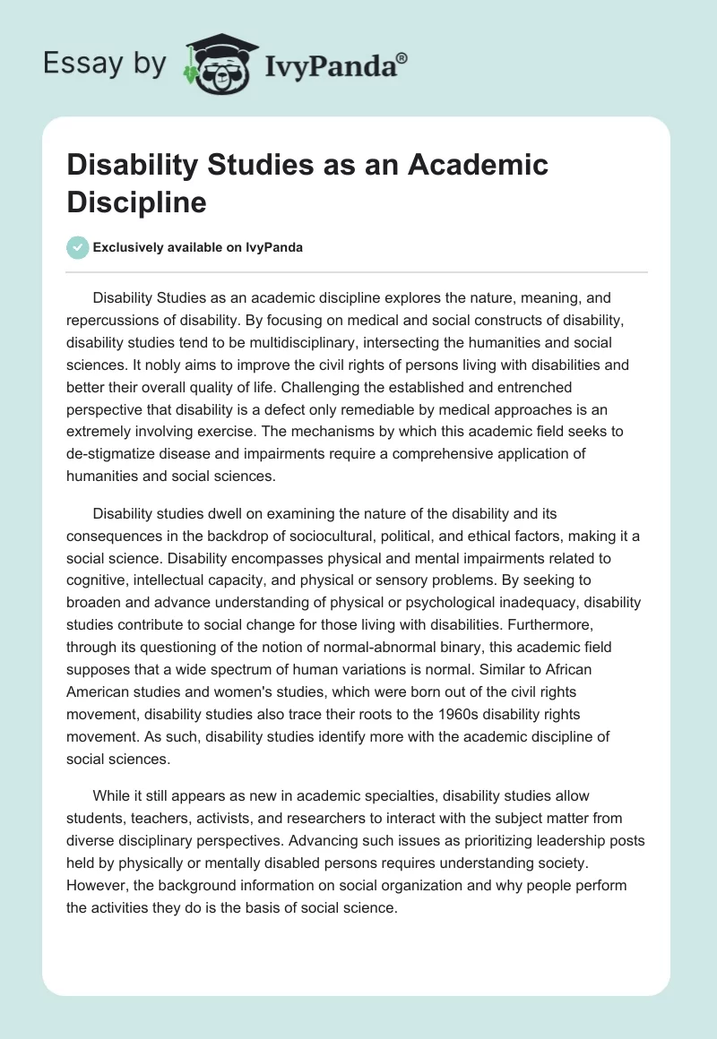 Disability Studies as an Academic Discipline. Page 1