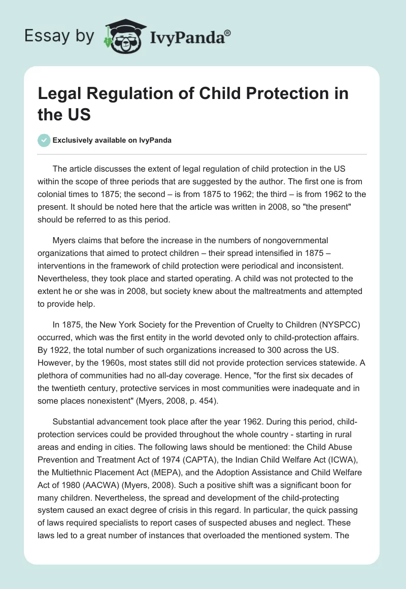 Legal Regulation of Child Protection in the US. Page 1